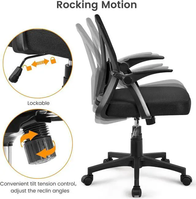 Alt view image 6 of 7 - Yaheetech Home Office Chair Work Desk Chair Swivel Computer Mesh Chair with Flip-up Arms Adjustable Height Lumbar Support Executive Office Task Chair for Home Office Students Study, Black
