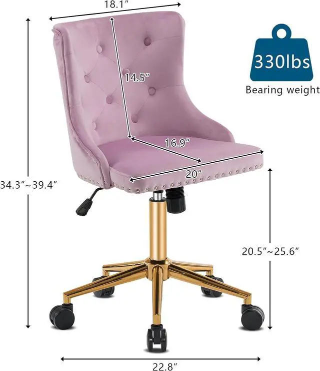 Alt view image 2 of 7 - VINGLI Mauve Purple Armless Home Office Desk Chair with Gold Base/Wheels, Small Cute Vanity/Makeup Chair with Back for Bedroom, Upholstered Adjustable Rolling Swivel Nail Chair for Women/Girls