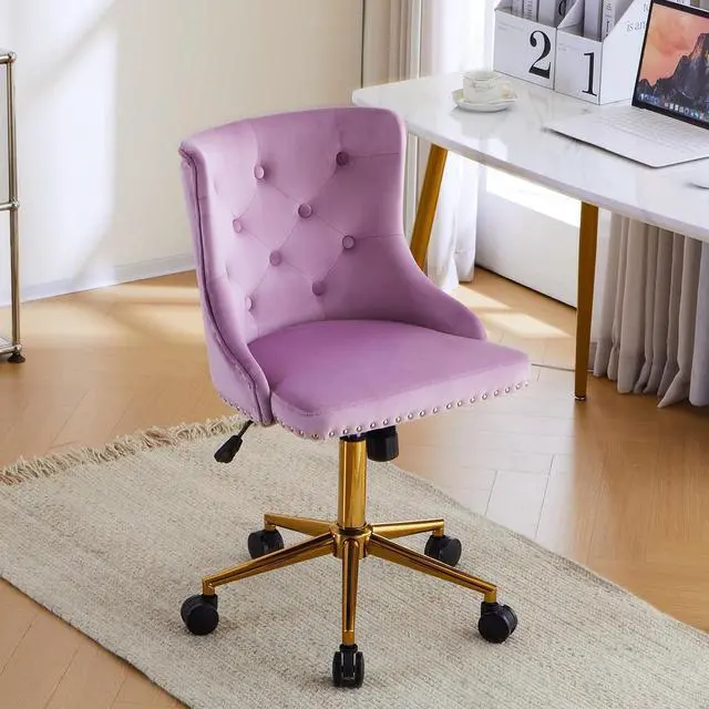 Main image of VINGLI Mauve Purple Armless Home Office Desk Chair with Gold Base/Wheels, Small Cute Vanity/Makeup Chair with Back for Bedroom, Upholstered Adjustable Rolling Swivel Nail Chair for Women/Girls