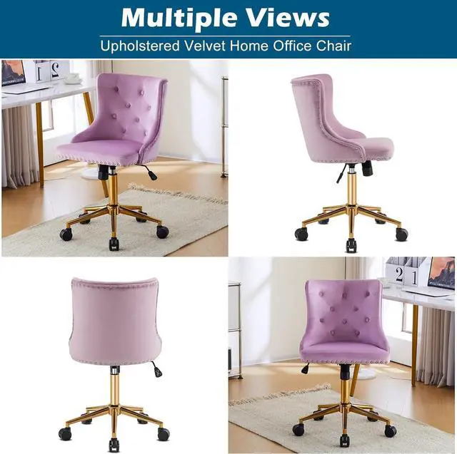 Alt view image 3 of 7 - VINGLI Mauve Purple Armless Home Office Desk Chair with Gold Base/Wheels, Small Cute Vanity/Makeup Chair with Back for Bedroom, Upholstered Adjustable Rolling Swivel Nail Chair for Women/Girls