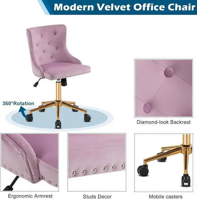 Alt view image 4 of 7 - VINGLI Mauve Purple Armless Home Office Desk Chair with Gold Base/Wheels, Small Cute Vanity/Makeup Chair with Back for Bedroom, Upholstered Adjustable Rolling Swivel Nail Chair for Women/Girls
