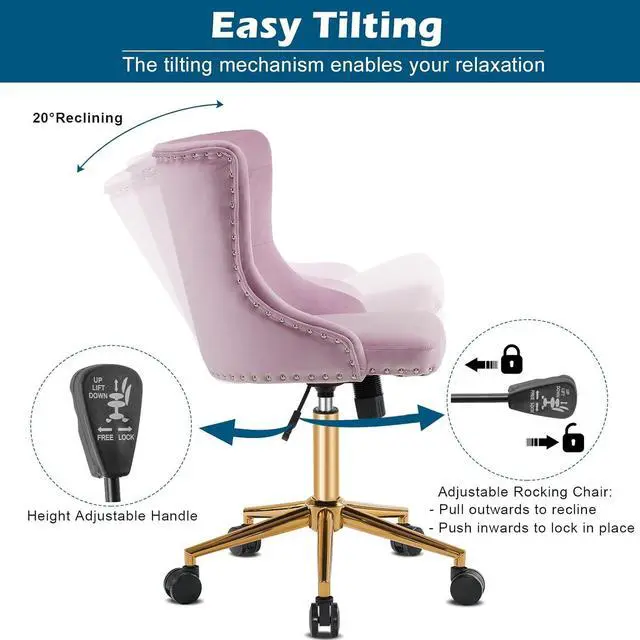 Alt view image 5 of 7 - VINGLI Mauve Purple Armless Home Office Desk Chair with Gold Base/Wheels, Small Cute Vanity/Makeup Chair with Back for Bedroom, Upholstered Adjustable Rolling Swivel Nail Chair for Women/Girls