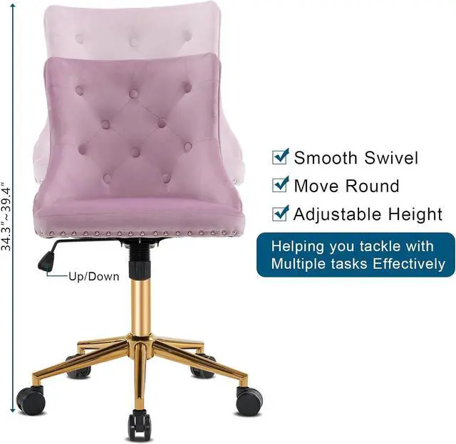 Alt view image 6 of 7 - VINGLI Mauve Purple Armless Home Office Desk Chair with Gold Base/Wheels, Small Cute Vanity/Makeup Chair with Back for Bedroom, Upholstered Adjustable Rolling Swivel Nail Chair for Women/Girls