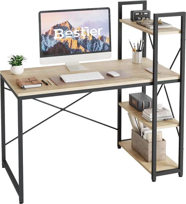 Main image of Bestier 47 Inch Computer Desk with Adjustable Shelves, Simple Writing Desk with Reversible Bookshelf and Metal Legs for Home Office and Studio, Oak