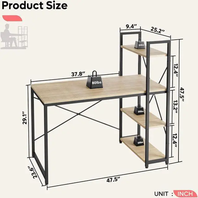 Alt view image 3 of 7 - Bestier 47 Inch Computer Desk with Adjustable Shelves, Simple Writing Desk with Reversible Bookshelf and Metal Legs for Home Office and Studio, Oak