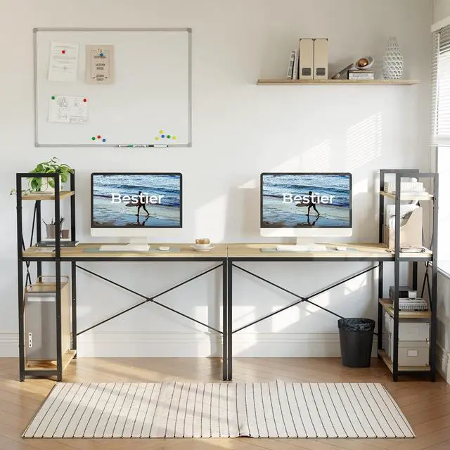Alt view image 6 of 7 - Bestier 47 Inch Computer Desk with Adjustable Shelves, Simple Writing Desk with Reversible Bookshelf and Metal Legs for Home Office and Studio, Oak