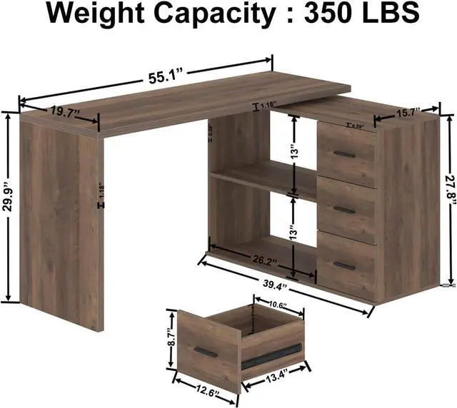 Alt view image 2 of 7 - HSH L Shaped Desk with Storage Cabinet, Wood L Shape Desk with Drawers Shelf, Large Corner Computer Table in Home Office Bedroom, Industrial PC Desk for Executive Writing Work Study, Rustic Oak, 55 In