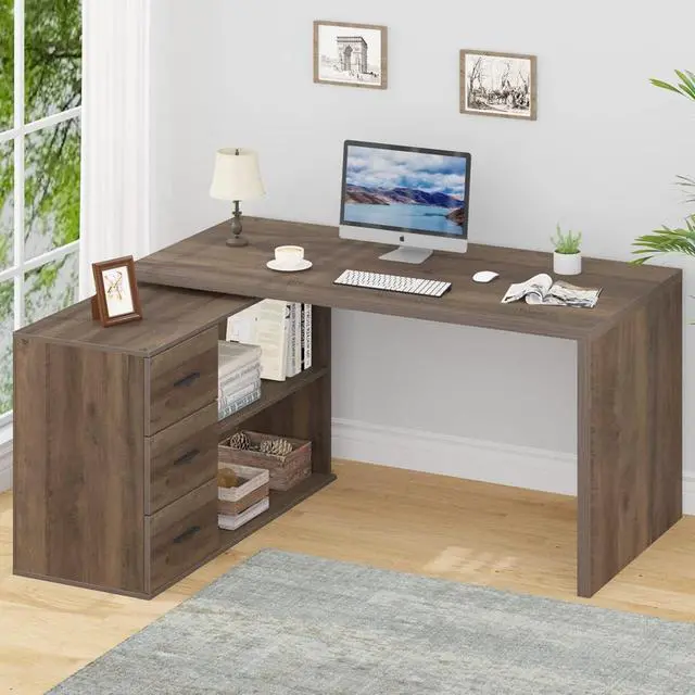 Alt view image 3 of 7 - HSH L Shaped Desk with Storage Cabinet, Wood L Shape Desk with Drawers Shelf, Large Corner Computer Table in Home Office Bedroom, Industrial PC Desk for Executive Writing Work Study, Rustic Oak, 55 In