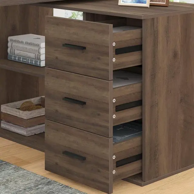 Alt view image 6 of 7 - HSH L Shaped Desk with Storage Cabinet, Wood L Shape Desk with Drawers Shelf, Large Corner Computer Table in Home Office Bedroom, Industrial PC Desk for Executive Writing Work Study, Rustic Oak, 55 In