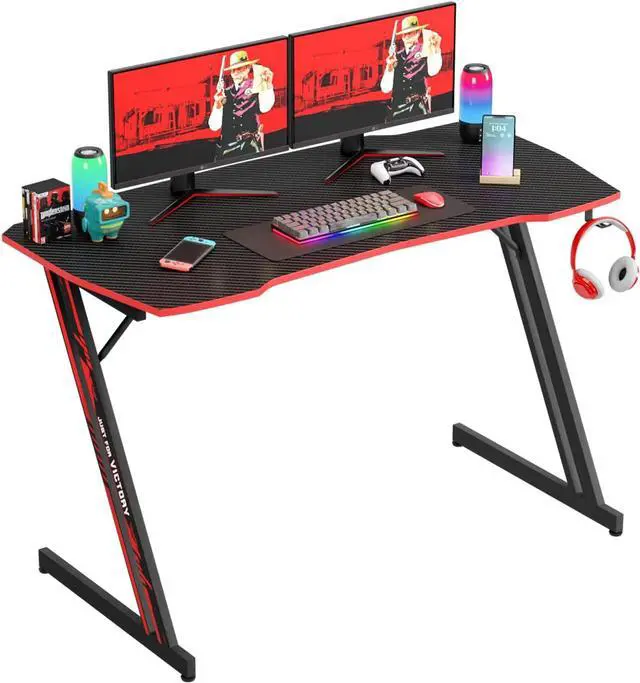 Main image of PayLessHere 47 Inch Modern Z-Shaped Gaming Desk Computer Desk for Home Office with Headphone Hook - Sturdy Workstation Table with Spacious Desktop,Red