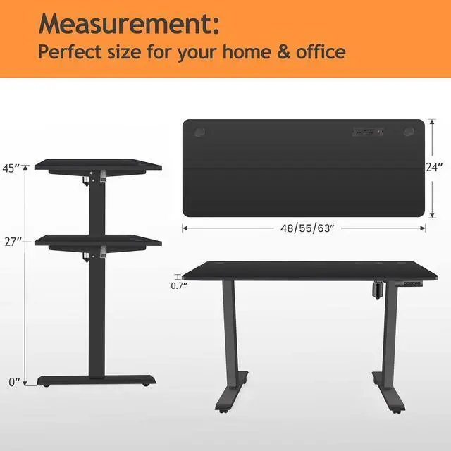 Alt view image 3 of 7 - Electric Standing Desk, 55x24in Adjustable Height Computer Desk with Wheels, Sit-Stand Desk with Charging Station, 2 USB Ports, 3 Power Outlets, Spacious Workstation for Home Office(Black)