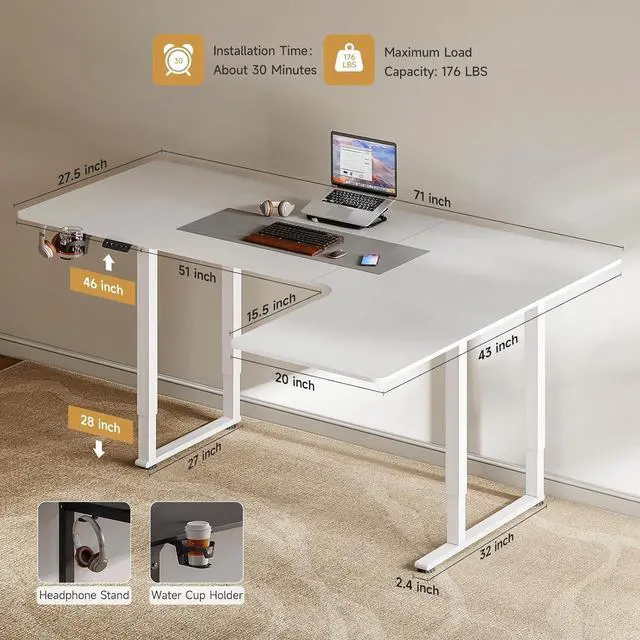 Alt view image 2 of 7 - Standing Desk, 71x43 Inches L Shaped Desk with 4 Legs, Dual Motor and Memory Controller, Electric Stand Up Desk Adjustable Height from 28-46 Inches for Computer Workstation White