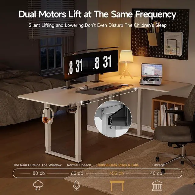 Alt view image 5 of 7 - Standing Desk, 71x43 Inches L Shaped Desk with 4 Legs, Dual Motor and Memory Controller, Electric Stand Up Desk Adjustable Height from 28-46 Inches for Computer Workstation White