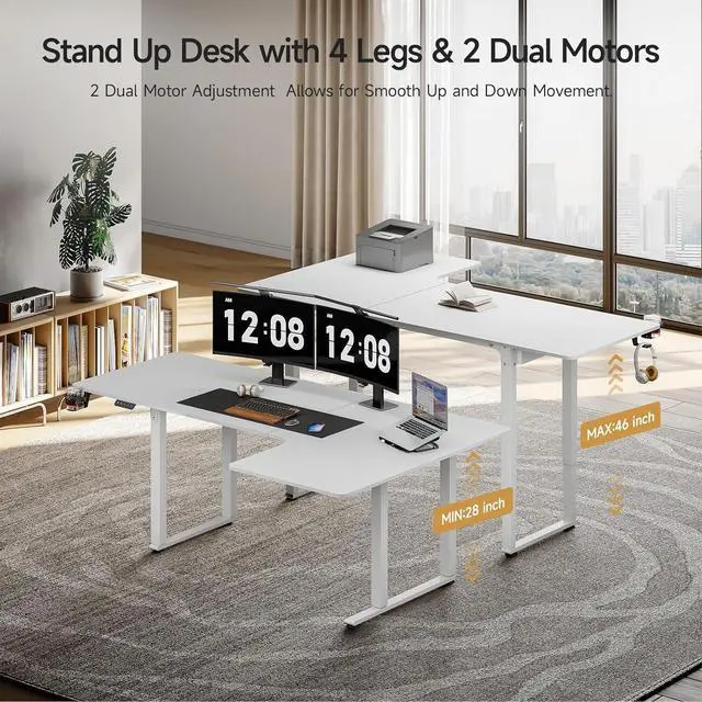 Alt view image 7 of 7 - Standing Desk, 71x43 Inches L Shaped Desk with 4 Legs, Dual Motor and Memory Controller, Electric Stand Up Desk Adjustable Height from 28-46 Inches for Computer Workstation White