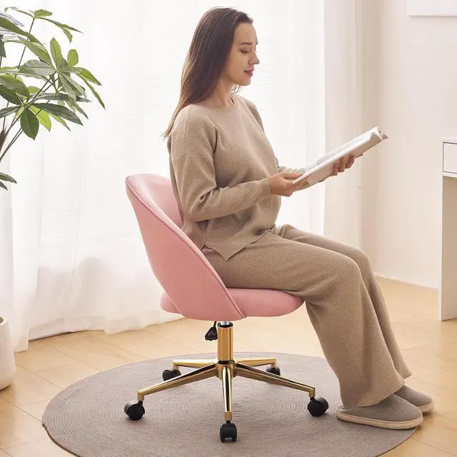 Alt view image 3 of 7 - Furniliving Pink Vanity Chair, Cute Desk Chairs for Girls with Back, Rolling Upholstered Accent Chair for Living Room/Makeup Room/Bedroom, Pink