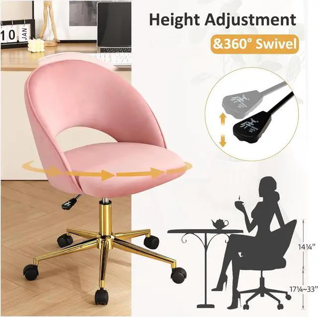 Alt view image 4 of 7 - Furniliving Pink Vanity Chair, Cute Desk Chairs for Girls with Back, Rolling Upholstered Accent Chair for Living Room/Makeup Room/Bedroom, Pink