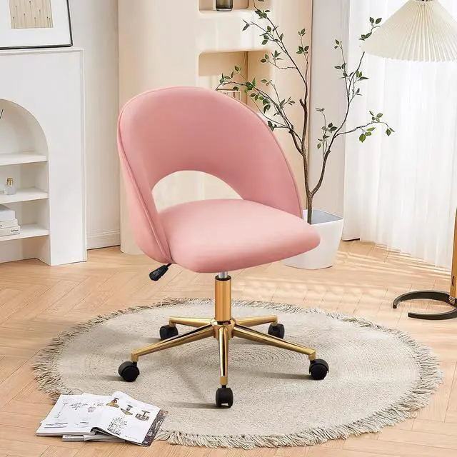 Alt view image 7 of 7 - Furniliving Pink Vanity Chair, Cute Desk Chairs for Girls with Back, Rolling Upholstered Accent Chair for Living Room/Makeup Room/Bedroom, Pink