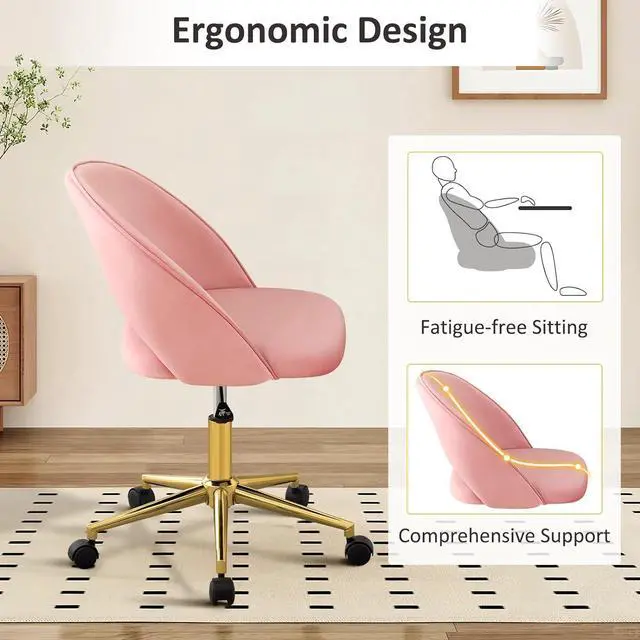Alt view image 6 of 7 - Furniliving Pink Vanity Chair, Cute Desk Chairs for Girls with Back, Rolling Upholstered Accent Chair for Living Room/Makeup Room/Bedroom, Pink