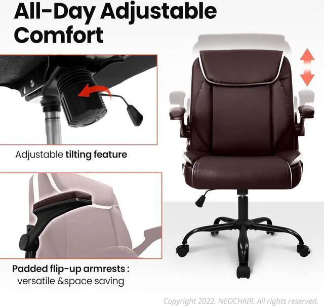 Alt view image 5 of 7 - NEO CHAIR Office Chair Adjustable Desk Chair Mid Back Executive Comfortable PU Leather Ergonomic Gaming Back Support Home Computer with Flip-up Armrest Swivel Wheels (Brown)