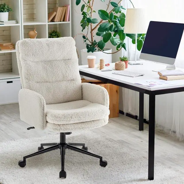 Alt view image 2 of 7 - High-Back Home Office Chair,Upholstered Desk Chair with Armrests,Height Adjustable Armchair with Wheels, Swivel Office Desk Chair, Ergonomic Computer Task Chair, Leisure Armchair Cashmere(White)