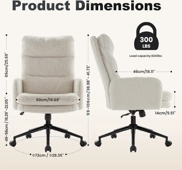 Alt view image 3 of 7 - High-Back Home Office Chair,Upholstered Desk Chair with Armrests,Height Adjustable Armchair with Wheels, Swivel Office Desk Chair, Ergonomic Computer Task Chair, Leisure Armchair Cashmere(White)