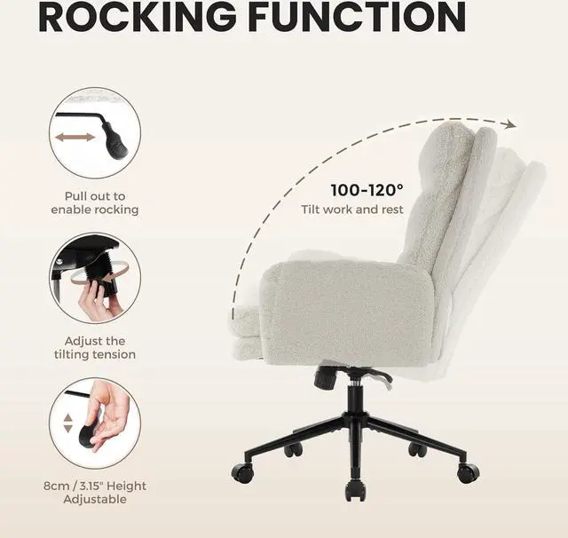 Alt view image 5 of 7 - High-Back Home Office Chair,Upholstered Desk Chair with Armrests,Height Adjustable Armchair with Wheels, Swivel Office Desk Chair, Ergonomic Computer Task Chair, Leisure Armchair Cashmere(White)