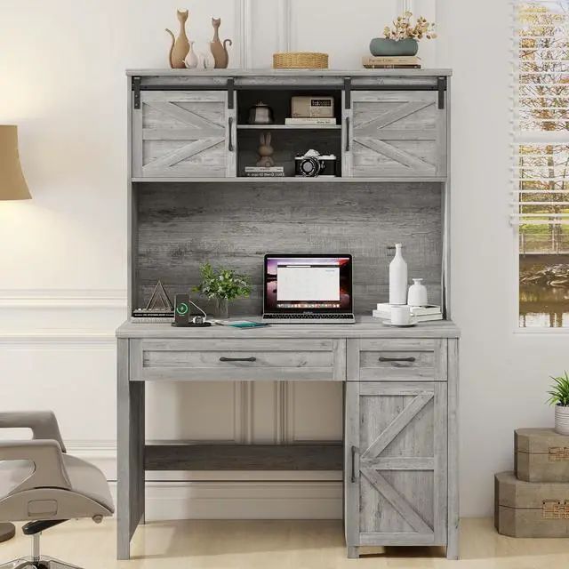 Main image of Farmhouse 47" Executive Computer Desk with 2 Drawers and Storage Cabinet, Home Office Desk with Hutch and Charging Station, Workspace for Work and Study (Grey).
