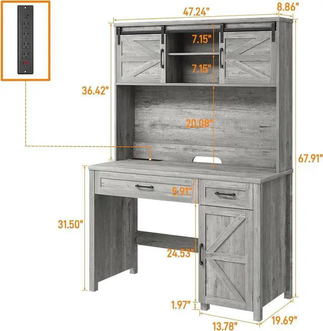 Alt view image 2 of 6 - Farmhouse 47" Executive Computer Desk with 2 Drawers and Storage Cabinet, Home Office Desk with Hutch and Charging Station, Workspace for Work and Study (Grey).