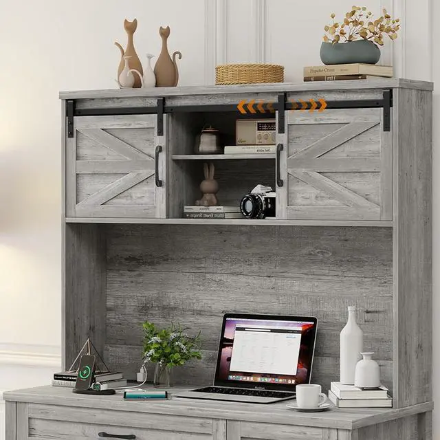 Alt view image 3 of 6 - Farmhouse 47" Executive Computer Desk with 2 Drawers and Storage Cabinet, Home Office Desk with Hutch and Charging Station, Workspace for Work and Study (Grey).