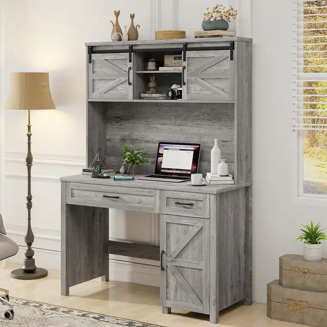 Alt view image 5 of 6 - Farmhouse 47" Executive Computer Desk with 2 Drawers and Storage Cabinet, Home Office Desk with Hutch and Charging Station, Workspace for Work and Study (Grey).