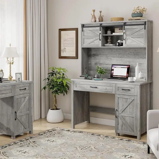 Alt view image 6 of 6 - Farmhouse 47" Executive Computer Desk with 2 Drawers and Storage Cabinet, Home Office Desk with Hutch and Charging Station, Workspace for Work and Study (Grey).