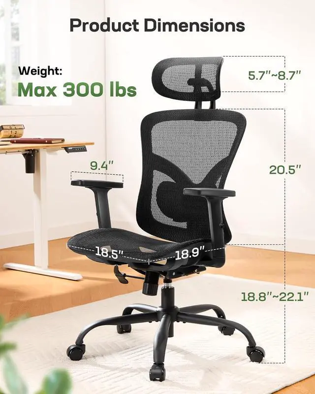 Alt view image 2 of 7 - Marsail Ergonomic Mesh Office Chair: Mesh Computer Desk Chair with Adjustable Lumbar Support, 2D Headrest&2D Armrest, Ergonomic Gaming Chair for Home Office, Black