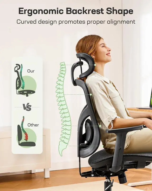 Alt view image 3 of 7 - Marsail Ergonomic Mesh Office Chair: Mesh Computer Desk Chair with Adjustable Lumbar Support, 2D Headrest&2D Armrest, Ergonomic Gaming Chair for Home Office, Black
