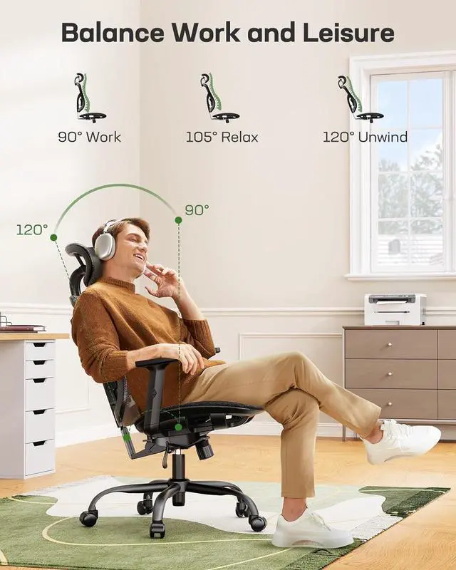 Alt view image 6 of 7 - Marsail Ergonomic Mesh Office Chair: Mesh Computer Desk Chair with Adjustable Lumbar Support, 2D Headrest&2D Armrest, Ergonomic Gaming Chair for Home Office, Black