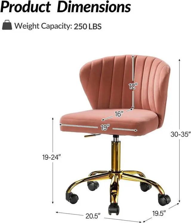 Alt view image 2 of 7 - HULALA HOME Home Office Desk Chair with Gold Wheels, Small Cute Vanity Chair with Back for Bedroom, Adjustable Rolling Task Work Swivel Chair Nail Chair for Women/Girls, Pink