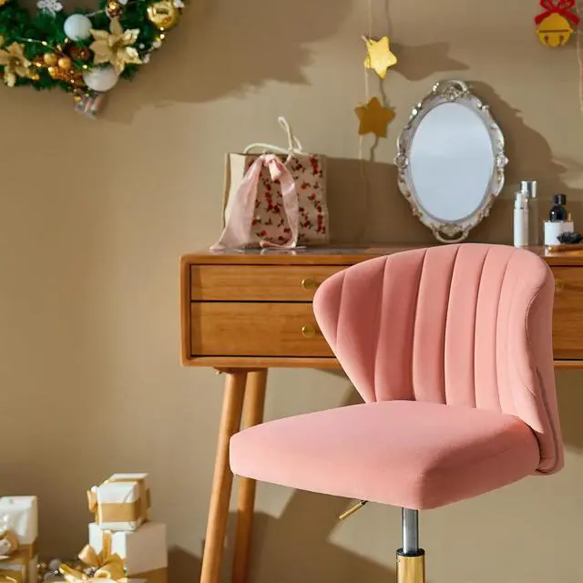 Alt view image 5 of 7 - HULALA HOME Home Office Desk Chair with Gold Wheels, Small Cute Vanity Chair with Back for Bedroom, Adjustable Rolling Task Work Swivel Chair Nail Chair for Women/Girls, Pink