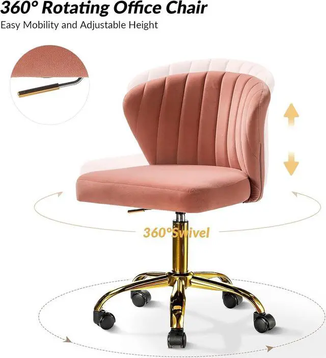 Alt view image 4 of 7 - HULALA HOME Home Office Desk Chair with Gold Wheels, Small Cute Vanity Chair with Back for Bedroom, Adjustable Rolling Task Work Swivel Chair Nail Chair for Women/Girls, Pink
