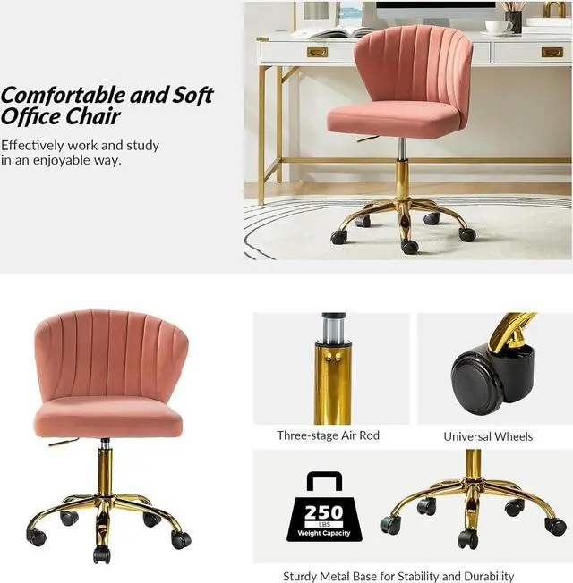 Alt view image 3 of 7 - HULALA HOME Home Office Desk Chair with Gold Wheels, Small Cute Vanity Chair with Back for Bedroom, Adjustable Rolling Task Work Swivel Chair Nail Chair for Women/Girls, Pink