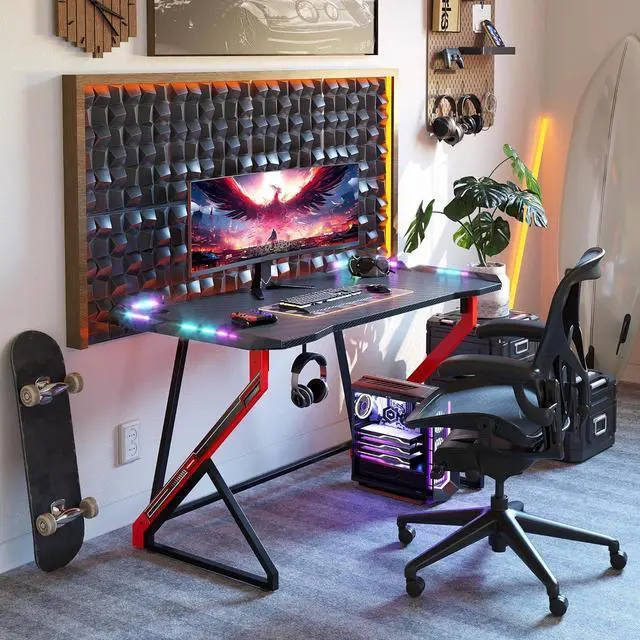 Alt view image 2 of 7 - TIQLAB Gaming Desk with LED Lights, 40 Inch Computer Desk Z Shaped Gamer Workstation, Gaming Table with Carbon Fiber Surface, PC Gamer Desk, Black