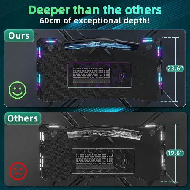 Alt view image 3 of 7 - TIQLAB Gaming Desk with LED Lights, 40 Inch Computer Desk Z Shaped Gamer Workstation, Gaming Table with Carbon Fiber Surface, PC Gamer Desk, Black