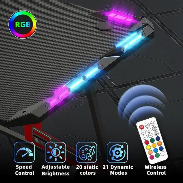 Alt view image 5 of 7 - TIQLAB Gaming Desk with LED Lights, 40 Inch Computer Desk Z Shaped Gamer Workstation, Gaming Table with Carbon Fiber Surface, PC Gamer Desk, Black