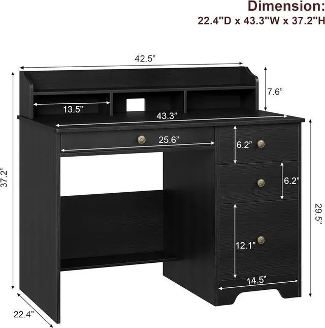 Alt view image 2 of 7 - TTVIEW Computer Desk with Drawers and Hutch Shelf, Wood Executive Desk Writing Study Table with 43 Wide Tabletop, Small Desk with File Drawer for Home Office Bedroom, Black