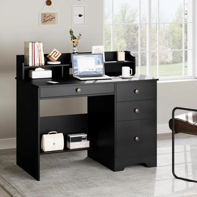 Alt view image 6 of 7 - TTVIEW Computer Desk with Drawers and Hutch Shelf, Wood Executive Desk Writing Study Table with 43 Wide Tabletop, Small Desk with File Drawer for Home Office Bedroom, Black
