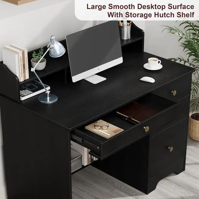 Alt view image 5 of 7 - TTVIEW Computer Desk with Drawers and Hutch Shelf, Wood Executive Desk Writing Study Table with 43 Wide Tabletop, Small Desk with File Drawer for Home Office Bedroom, Black