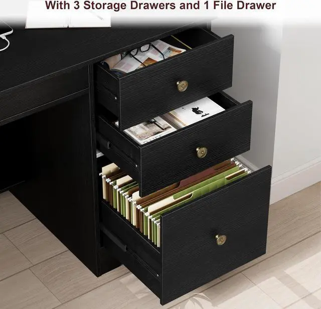 Alt view image 4 of 7 - TTVIEW Computer Desk with Drawers and Hutch Shelf, Wood Executive Desk Writing Study Table with 43 Wide Tabletop, Small Desk with File Drawer for Home Office Bedroom, Black