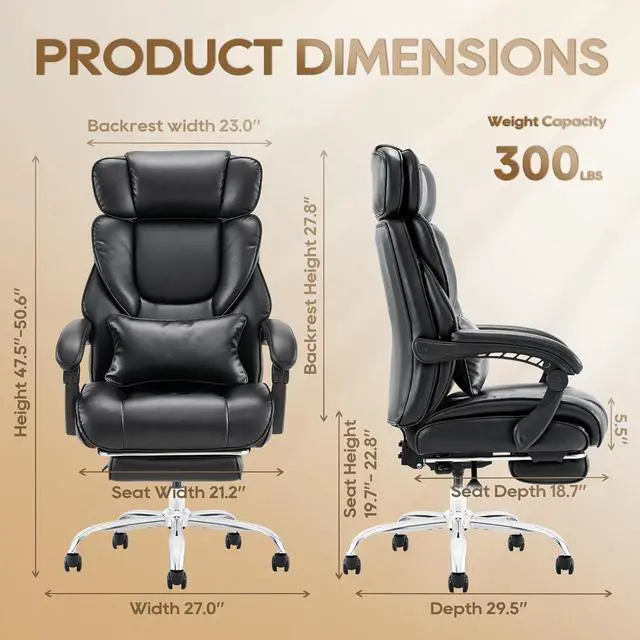 Alt view image 3 of 7 - COLAMY Office Chair with Retractable Footrest, Ergonomic High Back Design Executive Computer Desk Chair with Removable Lumbar Pillow, 90-135°Reclining, Thick Bonded Leather for Home Office Work, Black