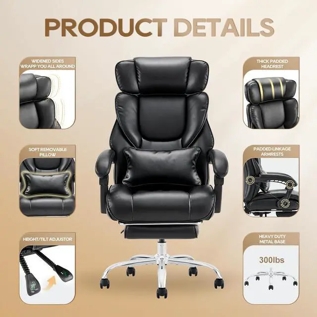 Alt view image 6 of 7 - COLAMY Office Chair with Retractable Footrest, Ergonomic High Back Design Executive Computer Desk Chair with Removable Lumbar Pillow, 90-135°Reclining, Thick Bonded Leather for Home Office Work, Black