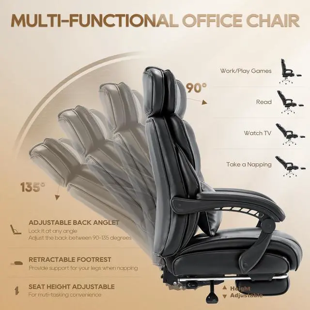 Alt view image 7 of 7 - COLAMY Office Chair with Retractable Footrest, Ergonomic High Back Design Executive Computer Desk Chair with Removable Lumbar Pillow, 90-135°Reclining, Thick Bonded Leather for Home Office Work, Black