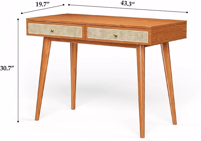 Alt view image 2 of 7 - Mid-Century Modern Solid Wood Desk with Drawers 45 inch Small Boho Rattan Writing Desk for Home Office, Minimalist Design Natural Wood Legs Table for Workspace Elegance