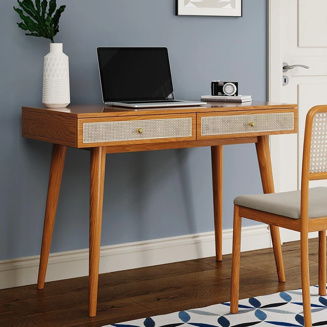Alt view image 3 of 7 - Mid-Century Modern Solid Wood Desk with Drawers 45 inch Small Boho Rattan Writing Desk for Home Office, Minimalist Design Natural Wood Legs Table for Workspace Elegance